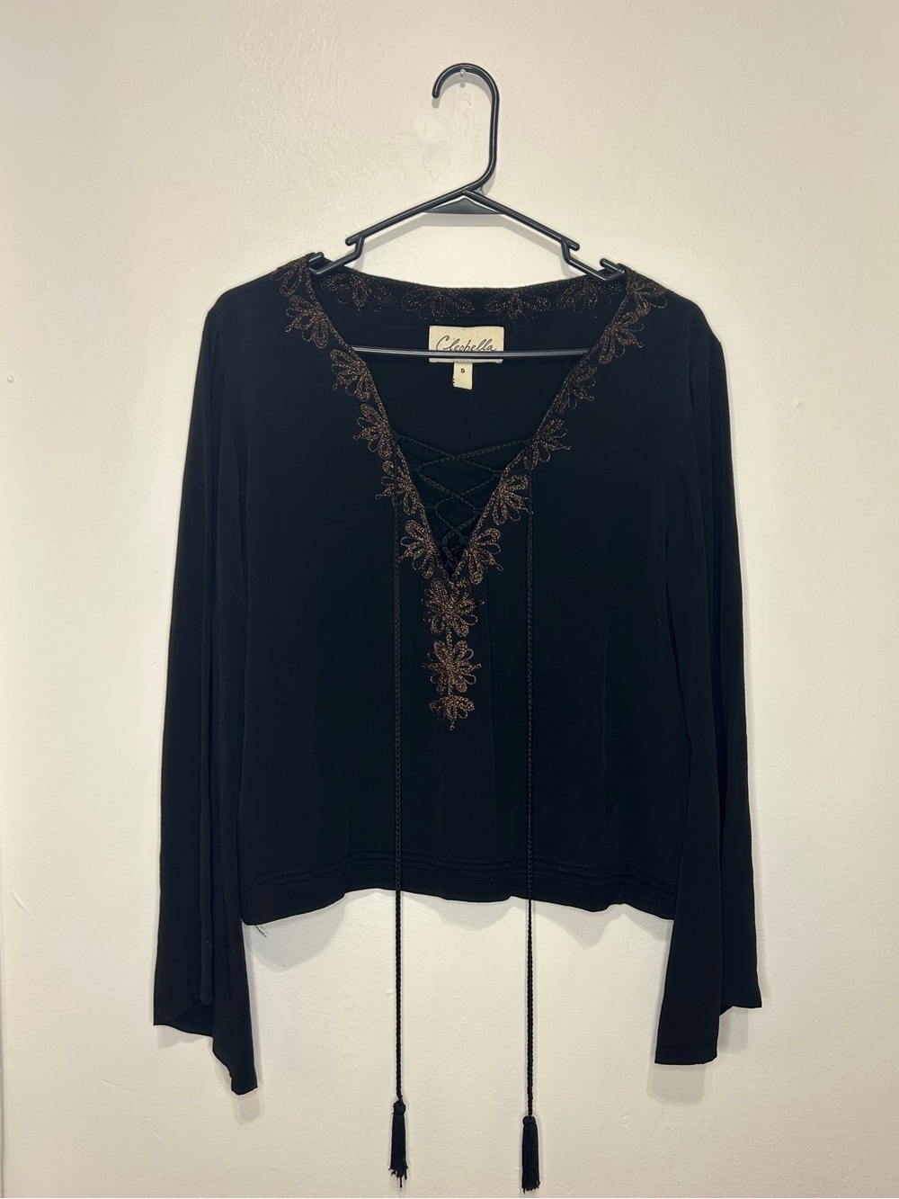 Cleobella Black Long-Sleeve Embroidered Lace-Up Tunic